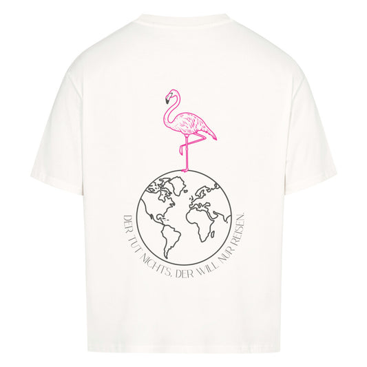 Premium Oversized T-Shirt mit Flamingo-Reise-Aufdruck in weiß