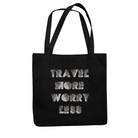 schwarzer Jutebeutel mit TRAVEL MORE WORRY LESS Design-Aufdruck