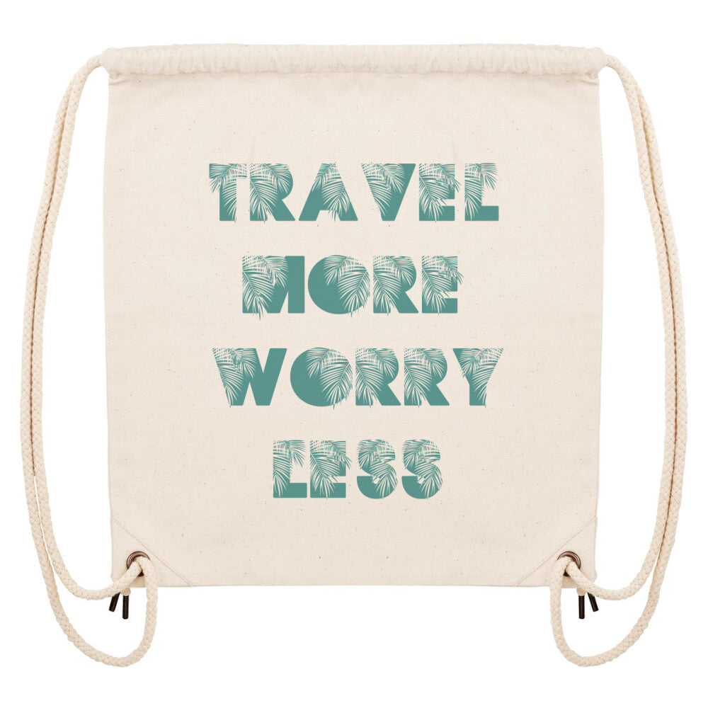 Stoffbeutel mit TRAVEL MORE WORRY LESS Design-Aufdruck
