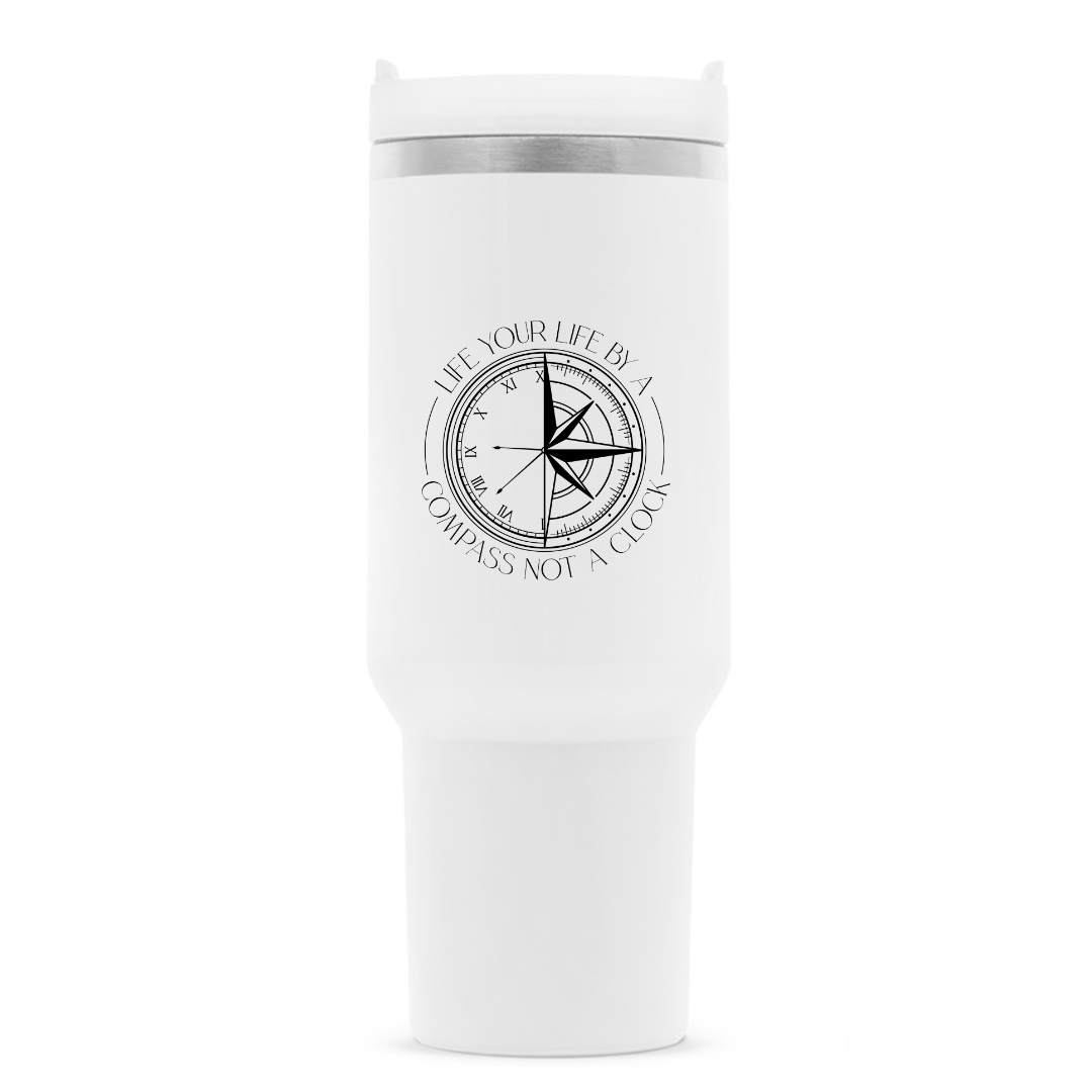 Live your life by a compass not a clock Design - Edelstahl Thermosbecher 1,2 Liter - Reiseherz - Farbe: weiß