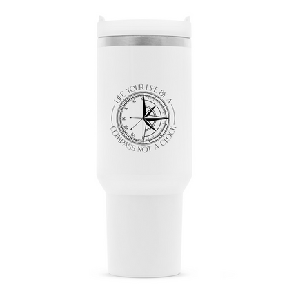Live your life by a compass not a clock Design - Edelstahl Thermosbecher 1,2 Liter - Reiseherz - Farbe: weiß