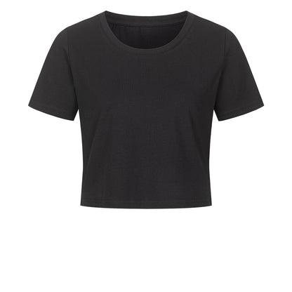 Cropped T-Shirt in schwarz mit TRAVEL MORE WORRY LESS Design-Aufdruck