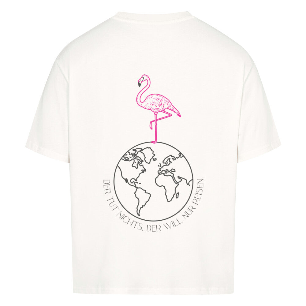 Premium Oversized T-Shirt mit Flamingo-Reise-Aufdruck in weiß