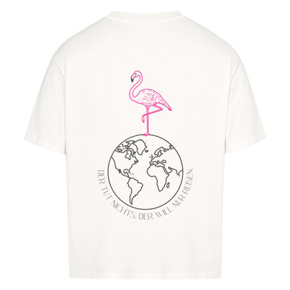 Premium Oversized T-Shirt mit Flamingo-Reise-Aufdruck in weiß