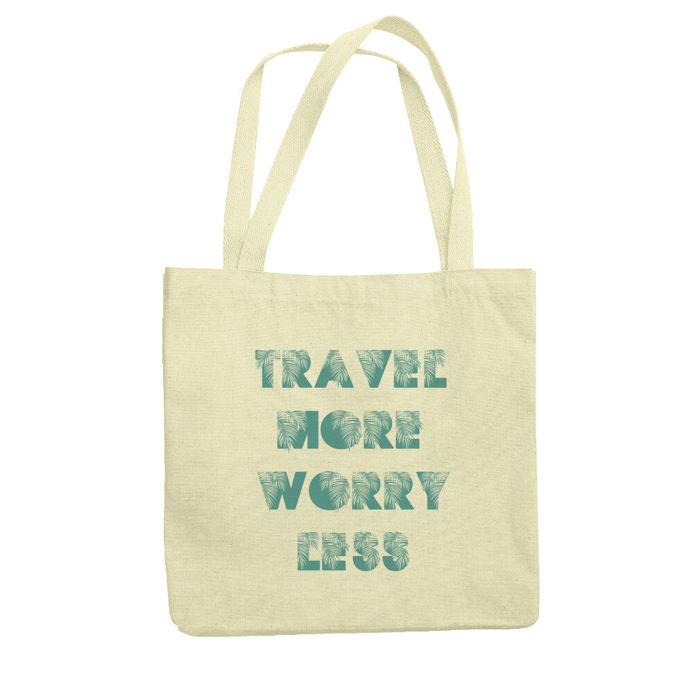 beiger Jutebeutel mit TRAVEL MORE WORRY LESS Design-Aufdruck
